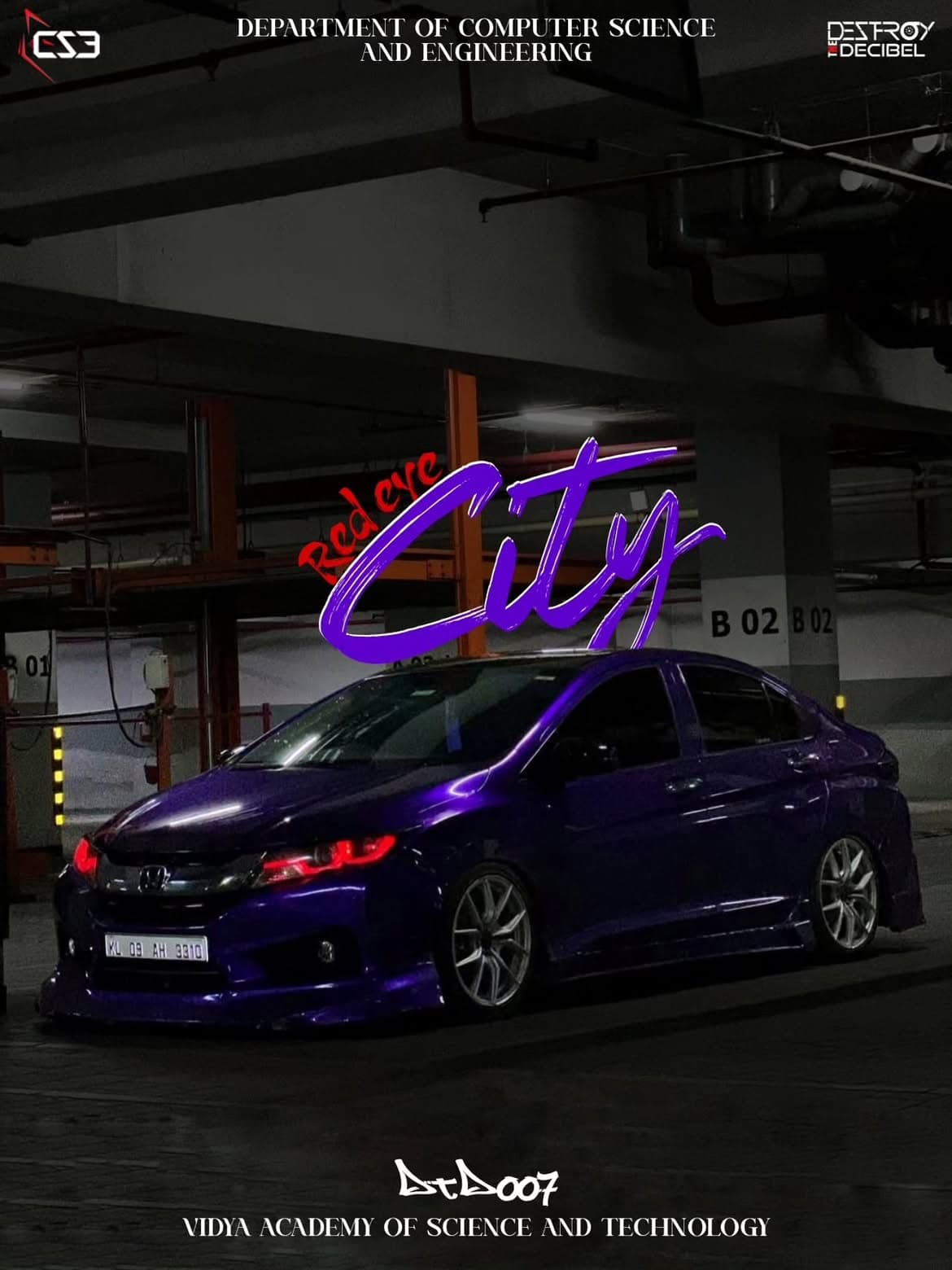 DTD 007 poster: a lowered deep-blue Honda City with red-glowing headlights in a basement car park, titled Red Eye City