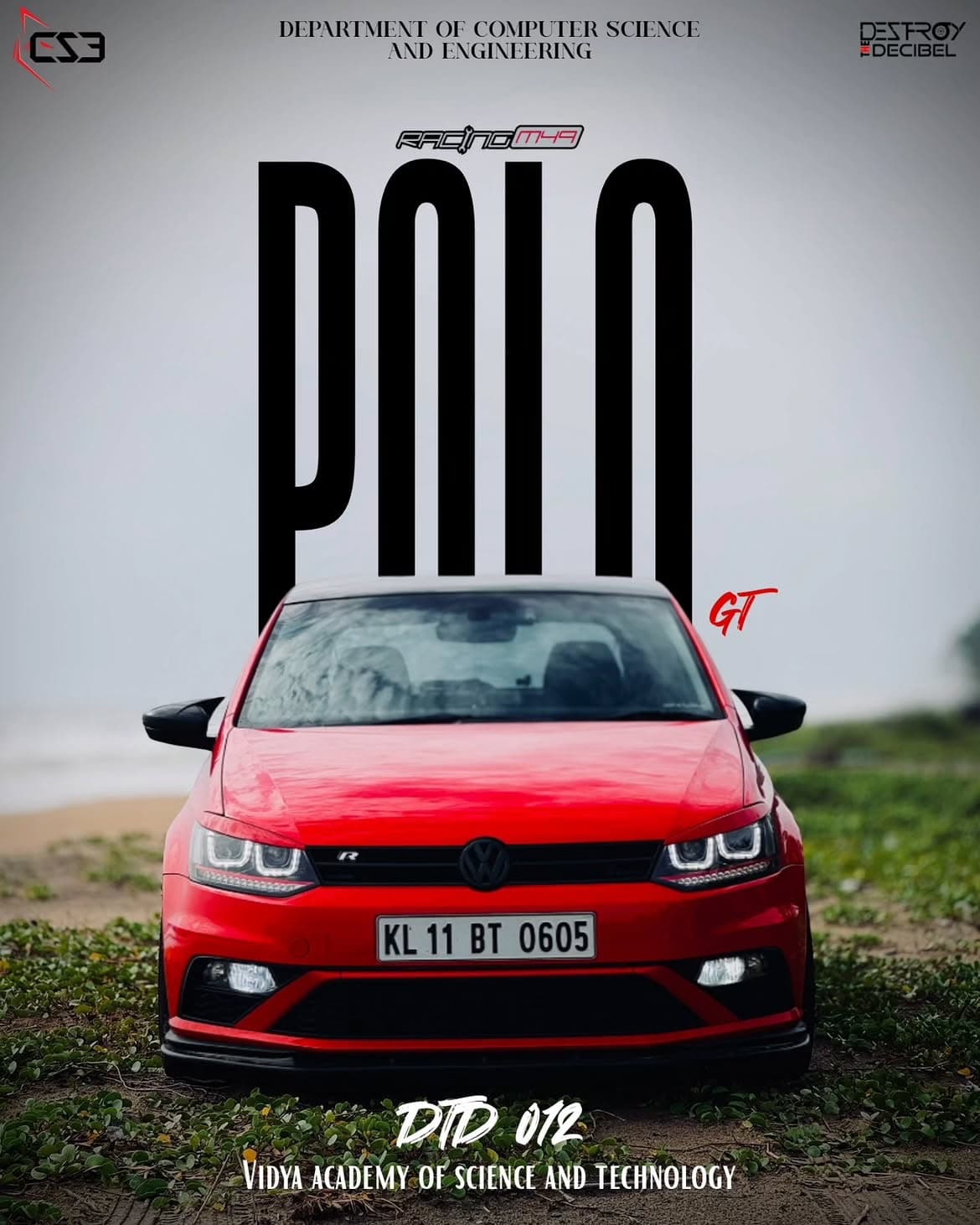 DTD 012 poster: a red Volkswagen Polo GT facing the camera on a grassy shore, titled Polo GT
